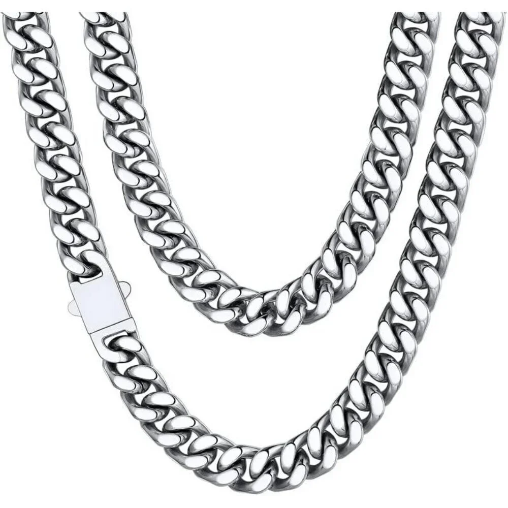 Men's 12mm Width Steel Silver 18K Gold Plated Cuban Hip Hop Chain Jewelry